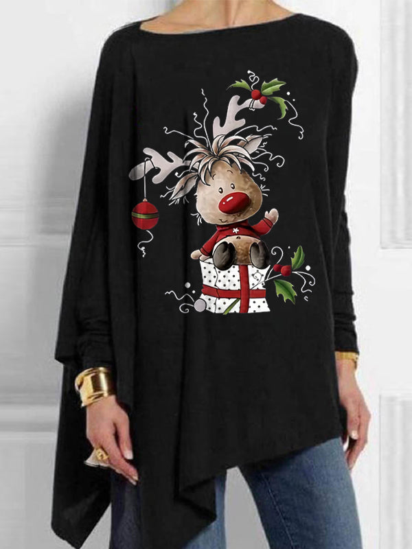 Cute Christmas Reindeer Printed Mid-Length Irregular Women's Tops