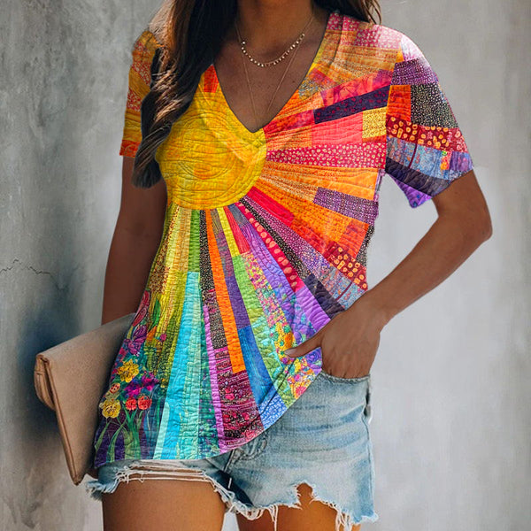 Rainbow Tie-dye Printed V-Neck Women's T-shirt
