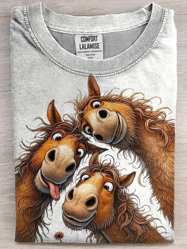Retro Funny Horses Art Print Casual Short Sleeve T-shirt