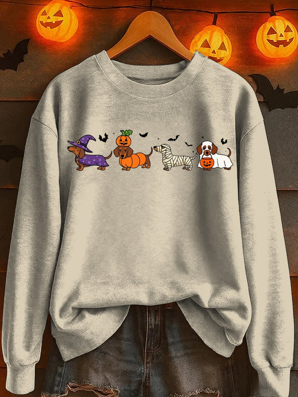 Vintage Halloween Dachshund Cute Dog Print Casual Sweatshirt