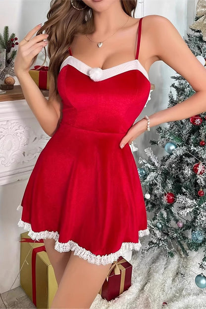 Christmas Fuzzy Velvet Spaghetti Strap Paneled Party Dress