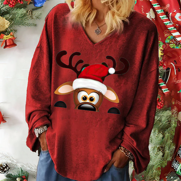 Cartoon Reindeer Printed V-neck Women's T-shirt