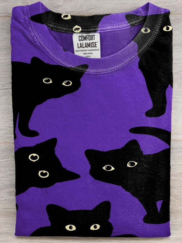 Black Cat Halloween Art Print Casual Short Sleeve T-shirt