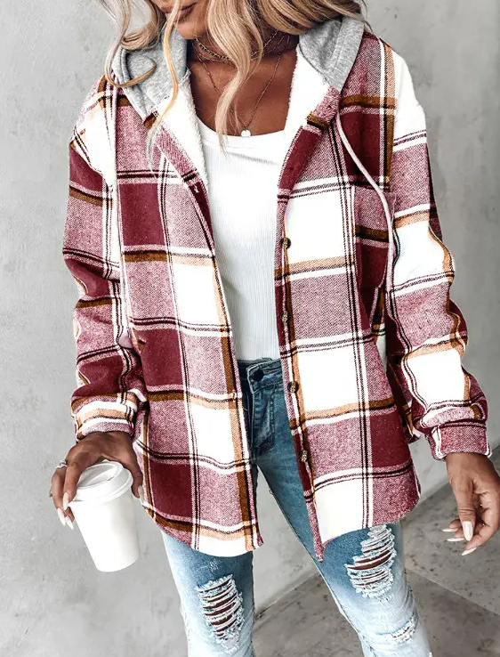 Women's Plaid Long Sleeve Fleece Lined Hooded Warm Jacket Casual Winter Tops