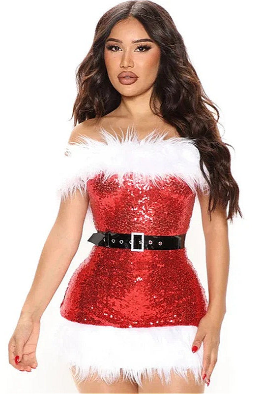 Christmas Fuzzy Off-the-Shoulder Sexy Sequined Waist Cinched Party Dress
