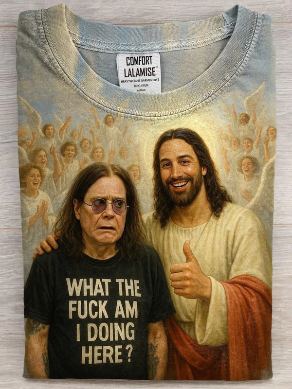 WHAT THE FUCK AM I DOING HERE Funny Jesus Art Print Casual Short Sleeve T-shirt