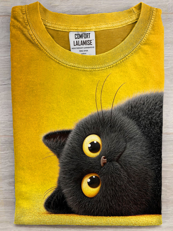 Funny Black Cat Art Print Casual Short Sleeve T-shirt
