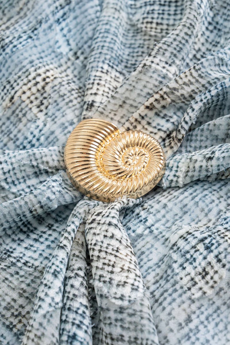 Abstract Pattern Chiffon Zipper Metallic Sea Shell Decor Ruched Skirt - MISMIMCWBK2505200014-BABY BLUE-XS