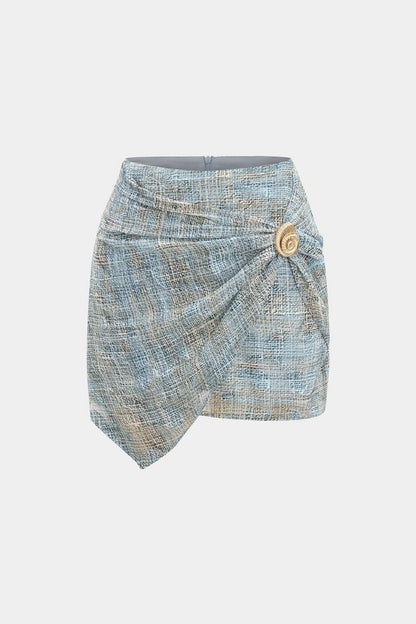 Abstract Pattern Chiffon Zipper Metallic Sea Shell Decor Ruched Skirt - MISMIMCWBK2505200014-BABY BLUE-XS