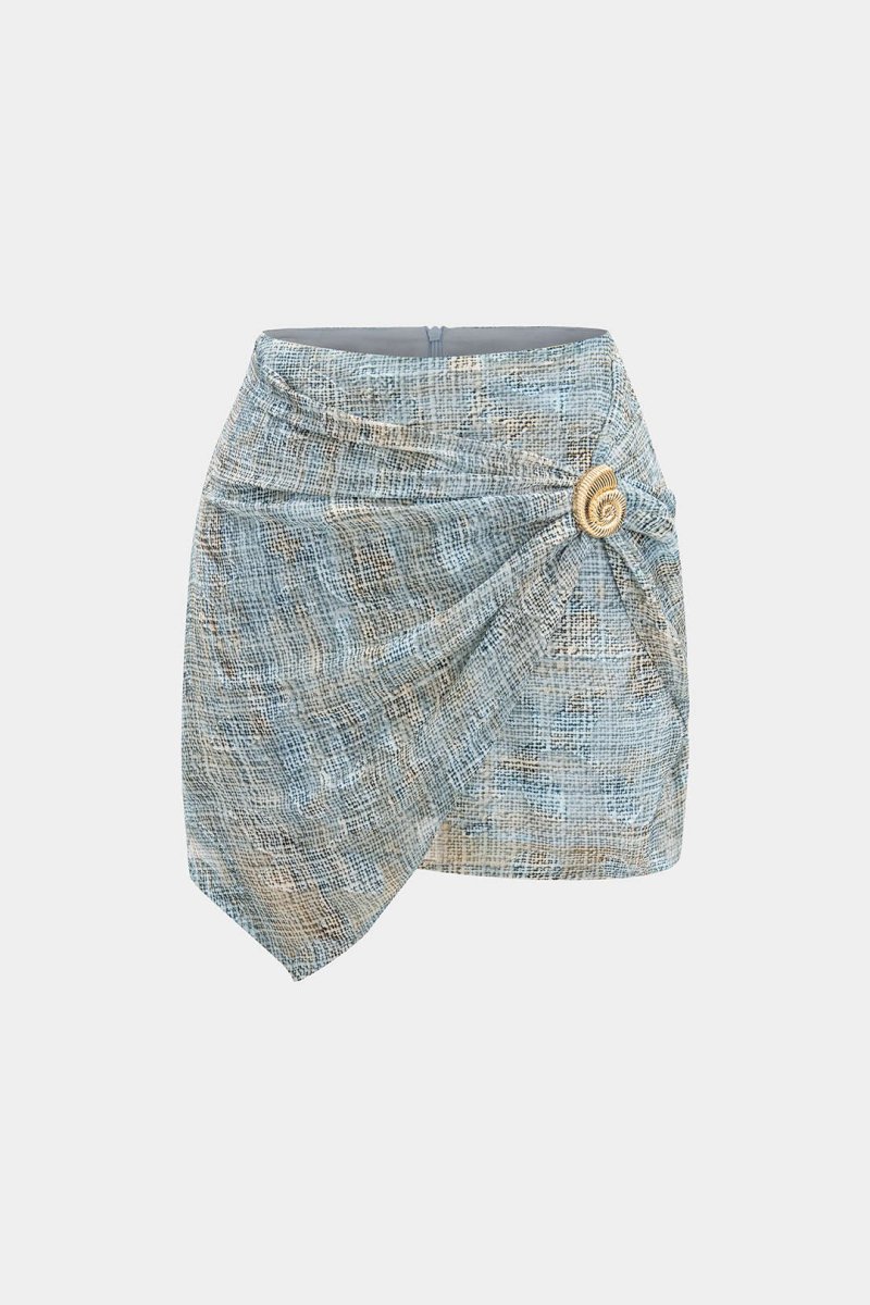 Abstract Pattern Chiffon Zipper Metallic Sea Shell Decor Ruched Skirt - MISMIMCWBK2505200014-BABY BLUE-XS