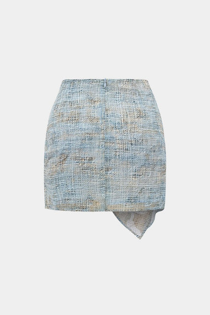 Abstract Pattern Chiffon Zipper Metallic Sea Shell Decor Ruched Skirt - MISMIMCWBK2505200014-BABY BLUE-XS