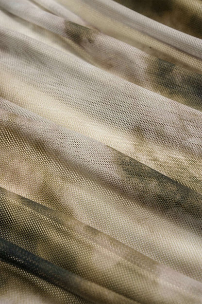 Abstract Print Mesh Off Shoulder Ruched Asymmetrical Long - Sleeve Top - MISMIMCWTU2508010027-TAN-XS