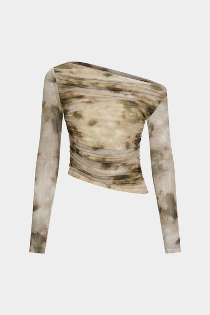 Abstract Print Mesh Off Shoulder Ruched Asymmetrical Long - Sleeve Top - MISMIMCWTU2508010027-TAN-XS