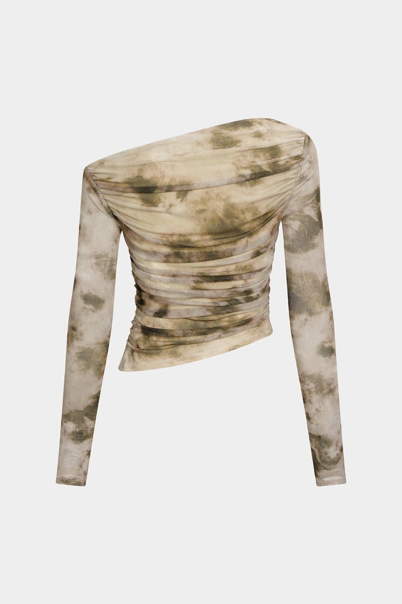 Abstract Print Mesh Off Shoulder Ruched Asymmetrical Long - Sleeve Top - MISMIMCWTU2508010027-TAN-XS