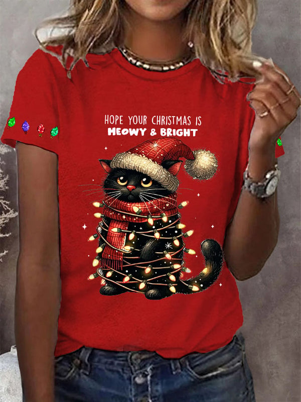 Christmas Meowy & Bright Printed Crew Neck Women's T-shirt