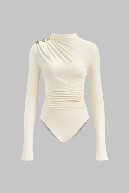 Asymmetrical Button Ruched Long Sleeve Bodysuit - MISMIMCWTO2511040162-WHITE-XS