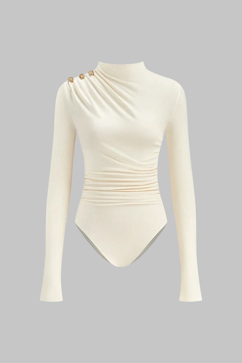 Asymmetrical Button Ruched Long Sleeve Bodysuit - MISMIMCWTO2511040162-WHITE-XS