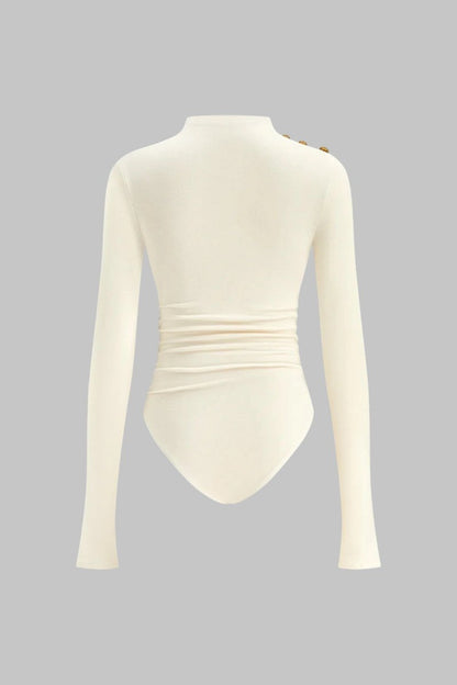 Asymmetrical Button Ruched Long Sleeve Bodysuit - MISMIMCWTO2511040162-WHITE-XS