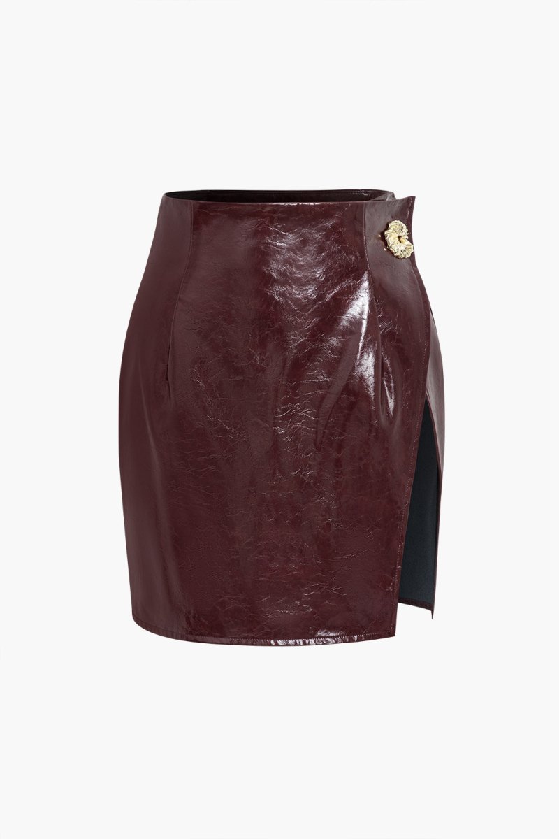 Asymmetrical Faux Leather Skirt Set - MISMIMCWSB2410170032-BURGUNDY-XS