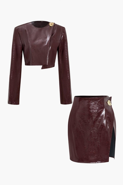 Asymmetrical Faux Leather Skirt Set - MISMIMCWSB2410170032-BURGUNDY-XS