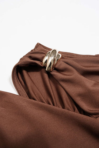 Asymmetrical Neck Ruched Long Sleeve Mini Dress - MISMIMCWDA2507230311-COFFEE-XS