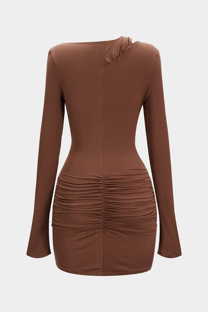 Asymmetrical Neck Ruched Long Sleeve Mini Dress - MISMIMCWDA2507230311-COFFEE-XS