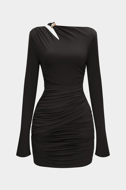 Asymmetrical Neck Ruched Long Sleeve Mini Dress - MISMIMCWDA2507230311-BLACK-XS
