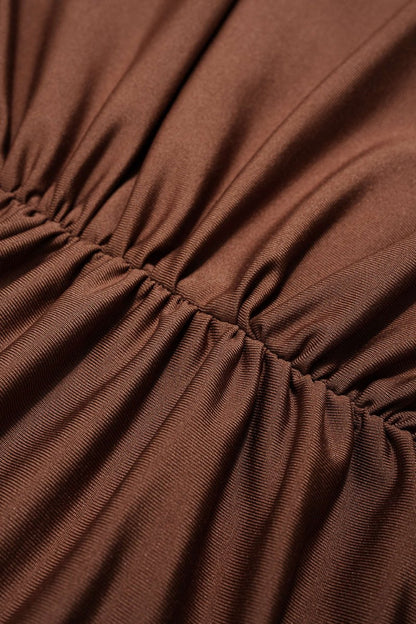 Asymmetrical Neck Ruched Long Sleeve Mini Dress - MISMIMCWDA2507230311-COFFEE-XS