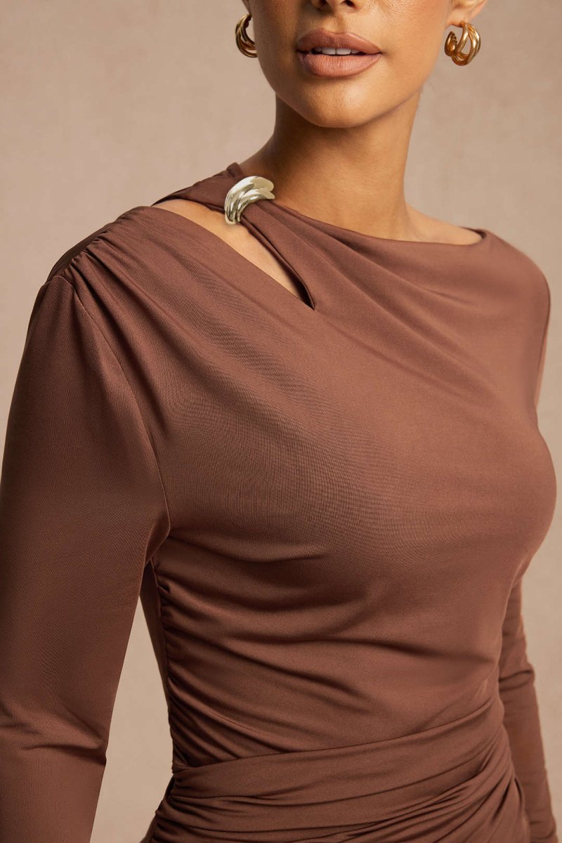 Asymmetrical Neck Ruched Long Sleeve Mini Dress - MISMIMCWDA2507230311-COFFEE-XS