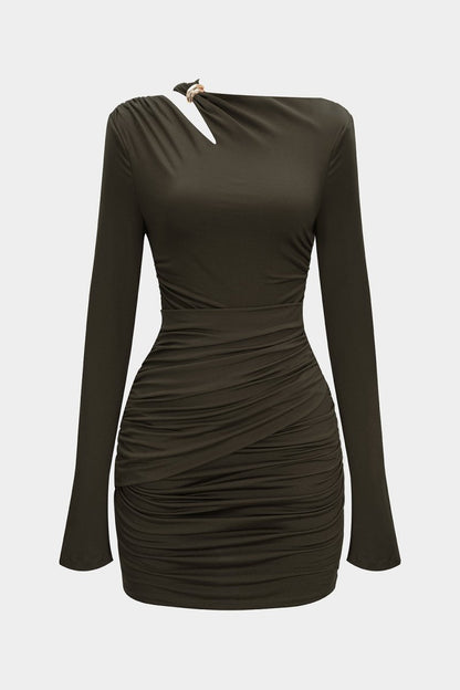 Asymmetrical Neck Ruched Long Sleeve Mini Dress - MISMIMCWDA2507230311-MILITARY-XS