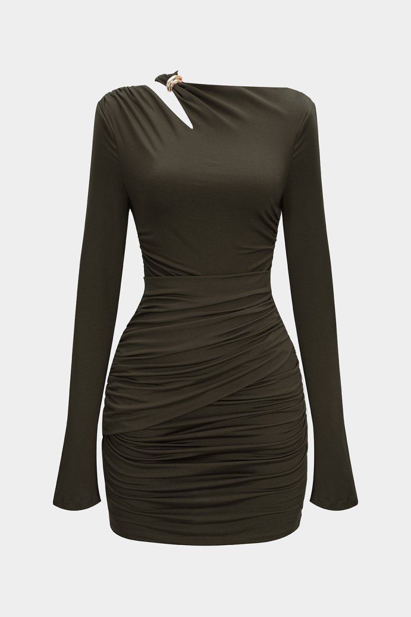 Asymmetrical Neck Ruched Long Sleeve Mini Dress - MISMIMCWDA2507230311-MILITARY-XS