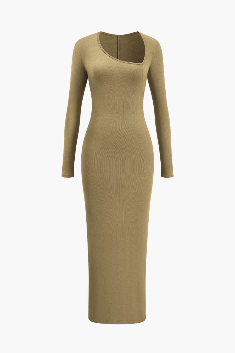 Asymmetrical Neck Slit Maxi Dress - MISMIMCWDA2311140067-KHAKI-XS