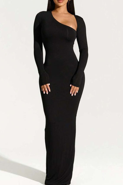 Asymmetrical Neck Slit Maxi Dress - MISMIMCWDA2311140067-BLACK-XS