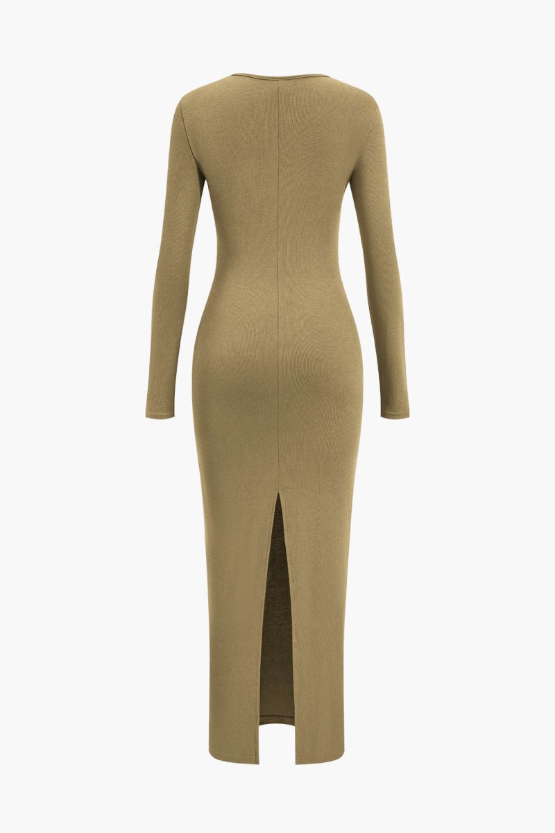 Asymmetrical Neck Slit Maxi Dress - MISMIMCWDA2311140067-KHAKI-XS