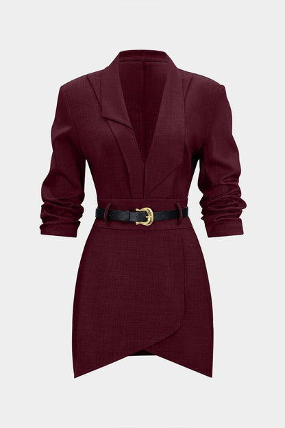 Asymmetrical Notched Lapel Belted Long Sleeve Mini Dress - MISMIMCWDC2510140044-BURGUNDY-XS