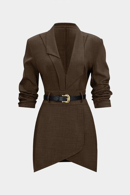 Asymmetrical Notched Lapel Belted Long Sleeve Mini Dress - MISMIMCWDC2510140044-COFFEE-XS