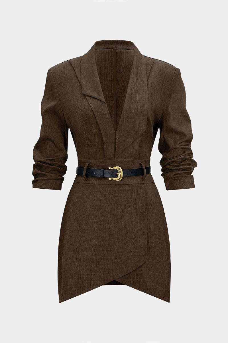 Asymmetrical Notched Lapel Belted Long Sleeve Mini Dress - MISMIMCWDC2510140044-COFFEE-XS