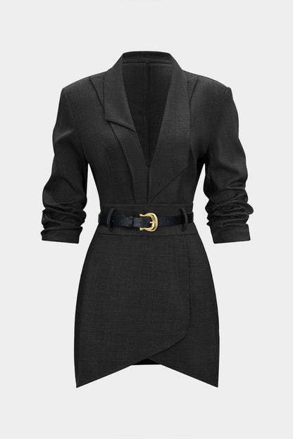 Asymmetrical Notched Lapel Belted Long Sleeve Mini Dress - MISMIMCWDC2510140044-BLACK-XS