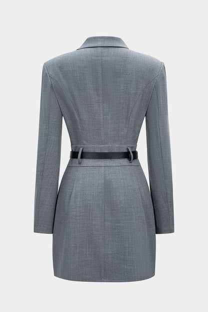 Asymmetrical Notched Lapel Belted Long Sleeve Mini Dress - MISMIMCWDC2510140044-GRAY MELANGE-XS