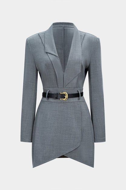 Asymmetrical Notched Lapel Belted Long Sleeve Mini Dress - MISMIMCWDC2510140044-GRAY MELANGE-XS