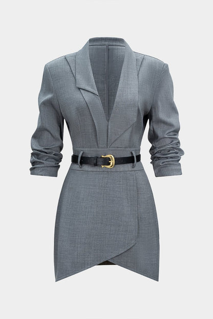Asymmetrical Notched Lapel Belted Long Sleeve Mini Dress - MISMIMCWDC2510140044-GRAY MELANGE-XS