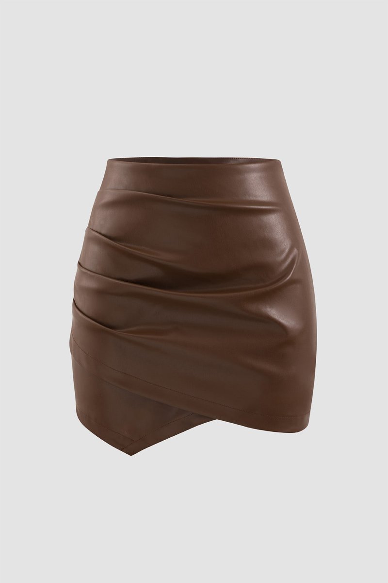 Asymmetrical Ruched Faux Leather Mini Skirt - MISMIMCWBK2209300013-BROWN-XS