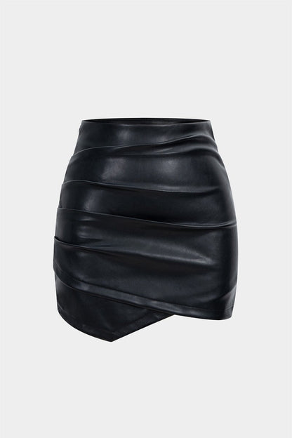Asymmetrical Ruched Faux Leather Mini Skirt - MISMIMCWBK2209300013-BLACK-XXS