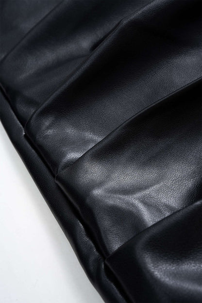 Asymmetrical Ruched Faux Leather Mini Skirt - MISMIMCWBK2209300013-BLACK-XXS