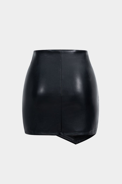 Asymmetrical Ruched Faux Leather Mini Skirt - MISMIMCWBK2209300013-BLACK-XXS