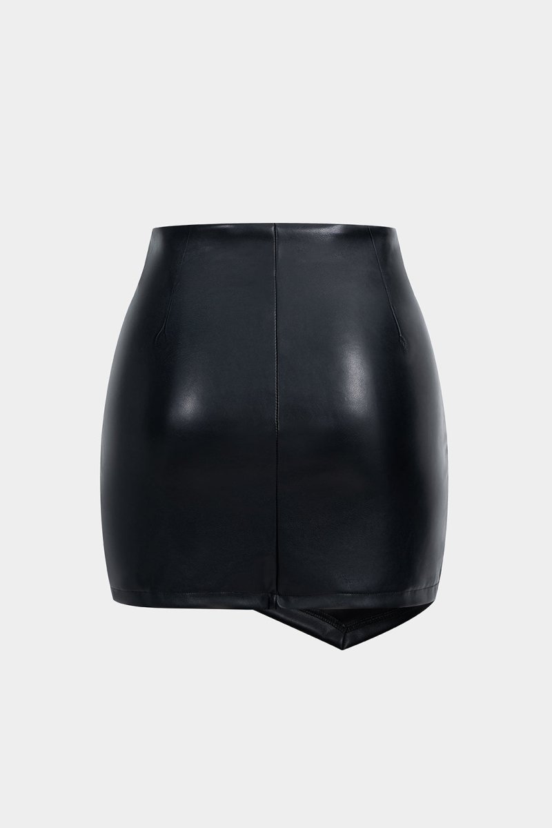 Asymmetrical Ruched Faux Leather Mini Skirt - MISMIMCWBK2209300013-BLACK-XXS