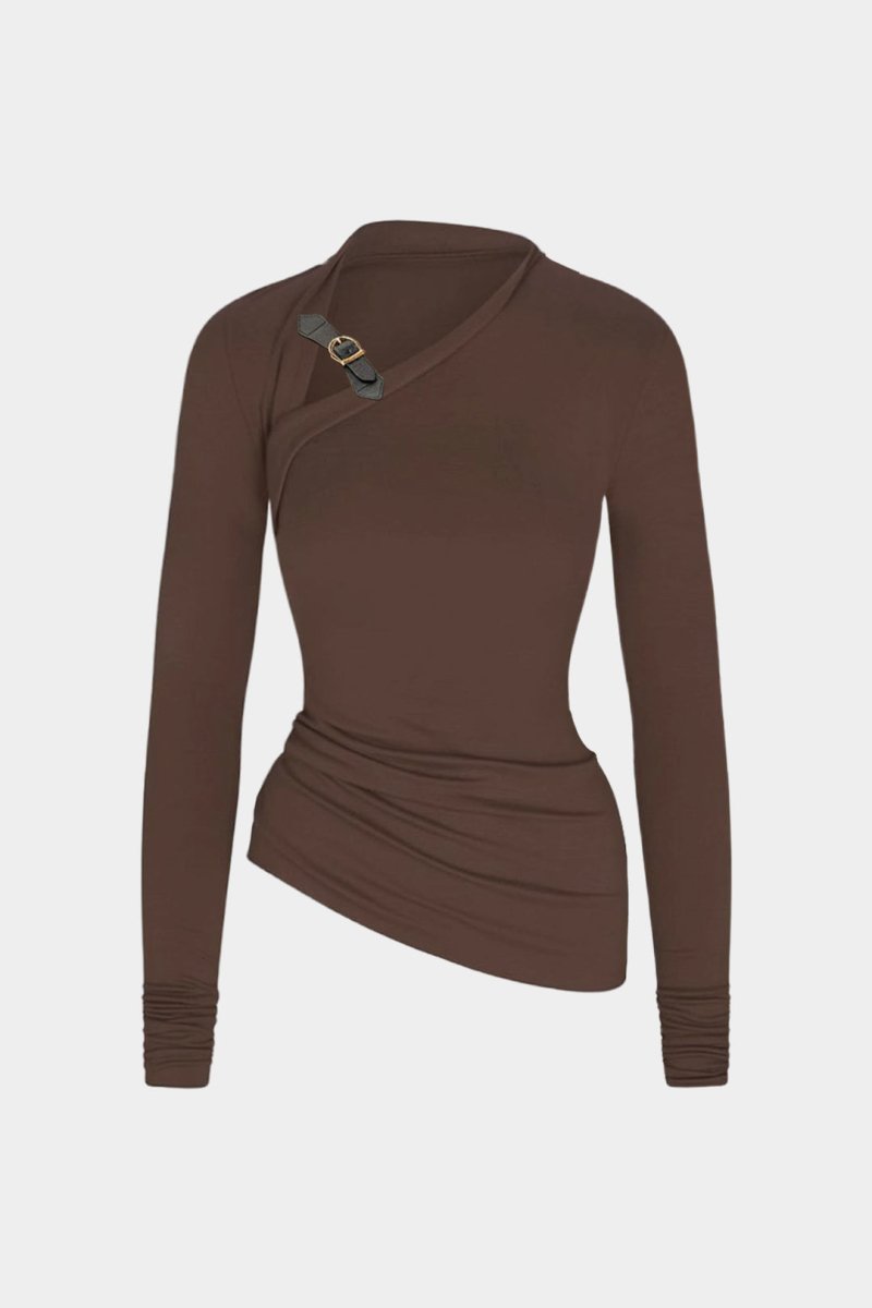 Asymmetrical Ruched Long - Sleeve Top - MISMIMCWTL2510240179-BROWN-XS