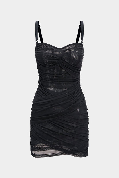 Asymmetrical Ruched Mesh Sleeveless Mini Dress - MISMIMCWDC2506300127-BLACK-XS