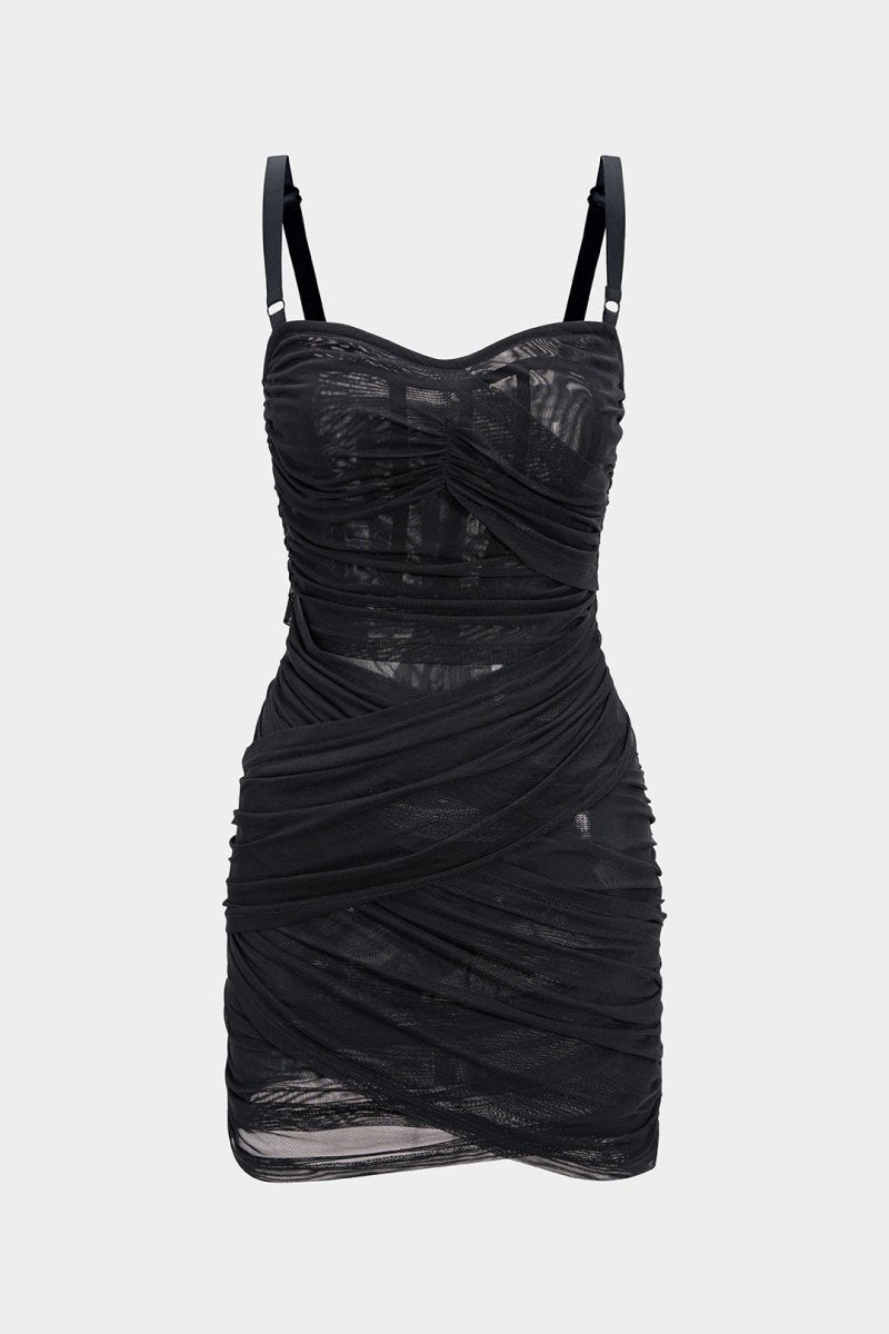 Asymmetrical Ruched Mesh Sleeveless Mini Dress - MISMIMCWDC2506300127-BLACK-XS