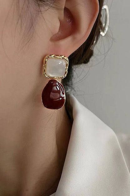 Asymmetrical Square Earrings - MISMIMCAJE2412260063-BURGUNDY-F